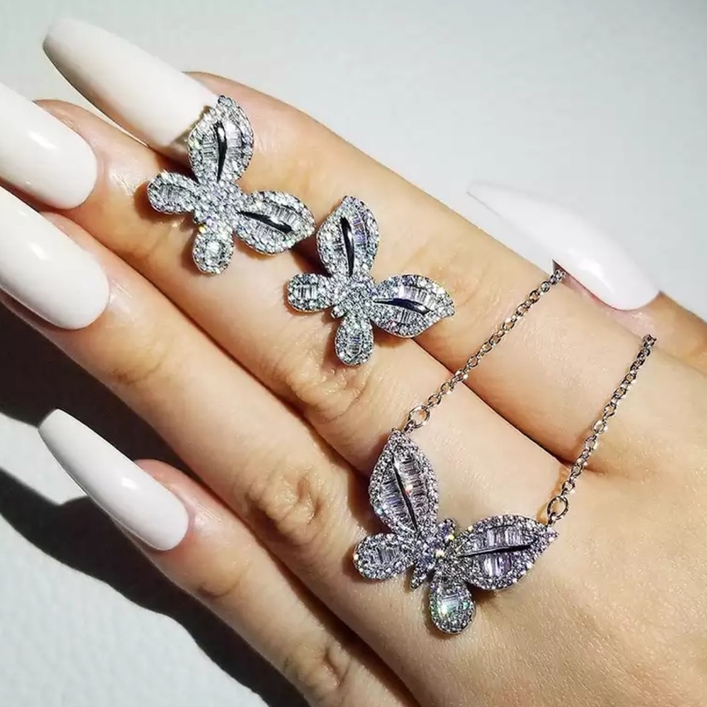 New 925 Butterfly Earrings&Necklace Diamond Set